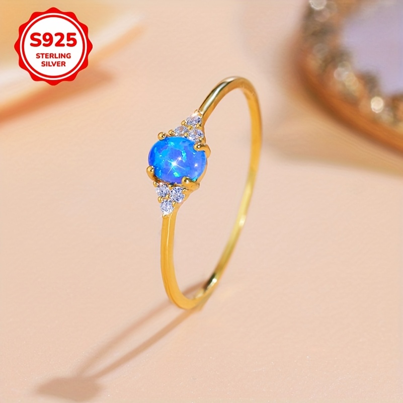 Women's 925 Sterling Silver Golden Plated Retro Style Round Opal Engagement Ring